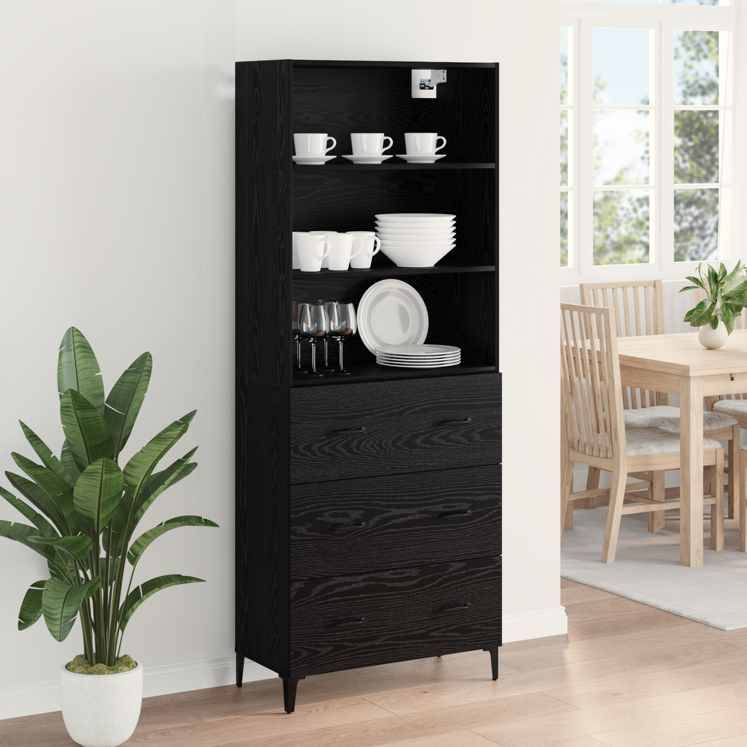 Highboard med skuffe Sort eg 69,5 x 34 x 180 cm Konstrueret træ