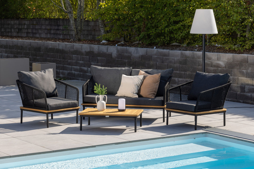 Venture Home Andorra Sofa Set - Black Alu / Acacia / Black Rope / Grey Cushion