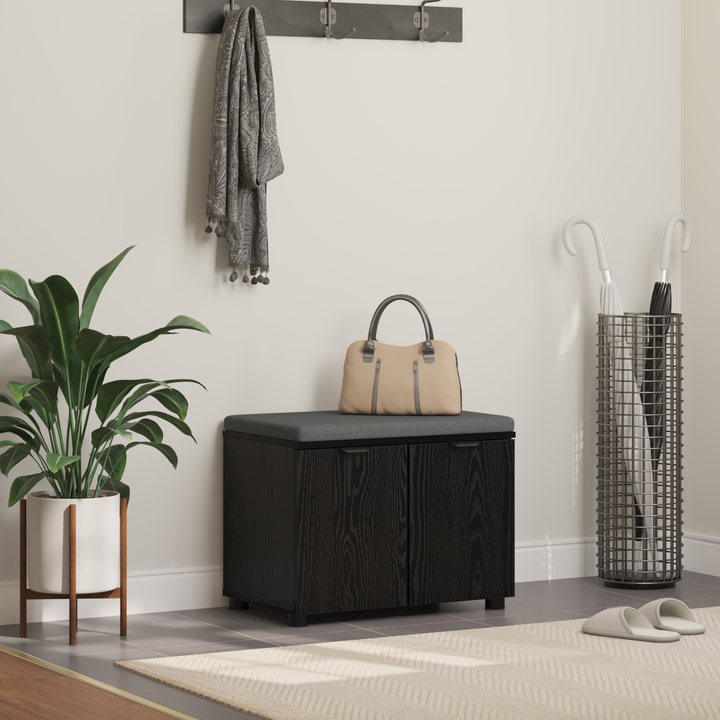 Hallbænk med pude Sort Eg 60 x 38 x 46 cm Kunstigt træ og stof