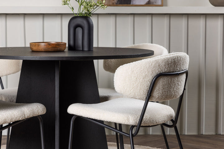 Venture Home Bootcut Round Dining Table - Black / Black Fanéer +Chico Dining Chair - Black / White Boucle _4