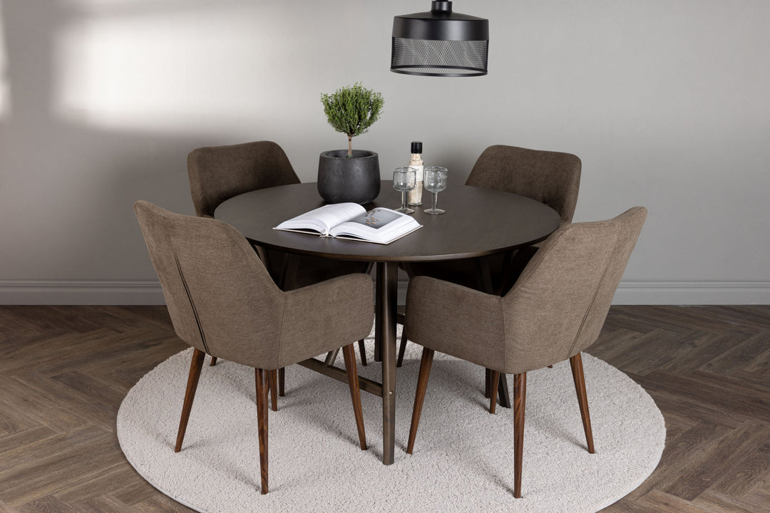 Venture Home Kaseidon Dining Table - Round - Rubberwood / Dark Brown MDF +Tomorrow Dining Chair - Dark walnut / Dark grey/Brown Fabric _4