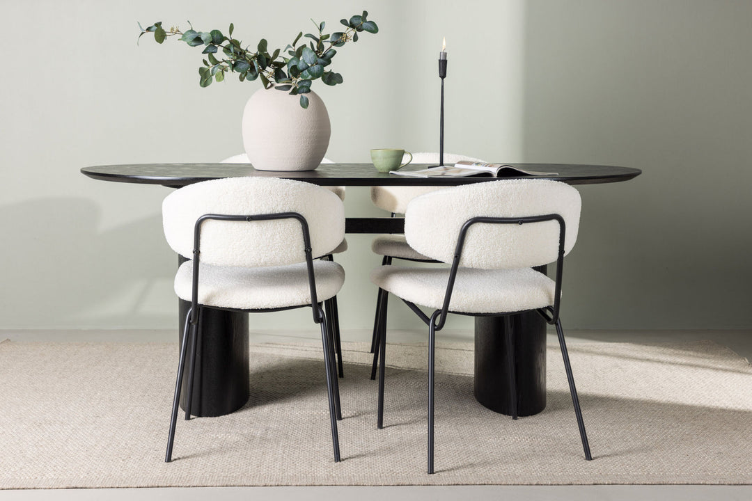 Venture Home Isolde Dining Table 180*75 - Black / Black MDF +Chico Dining Chair - Black / White Boucle _4