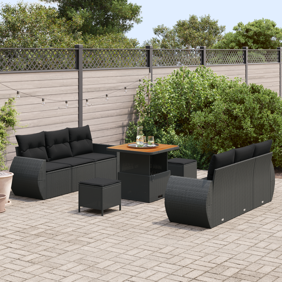 Havesofa Sæt med pude med opbevaring 9 pcs Sort polyrattan