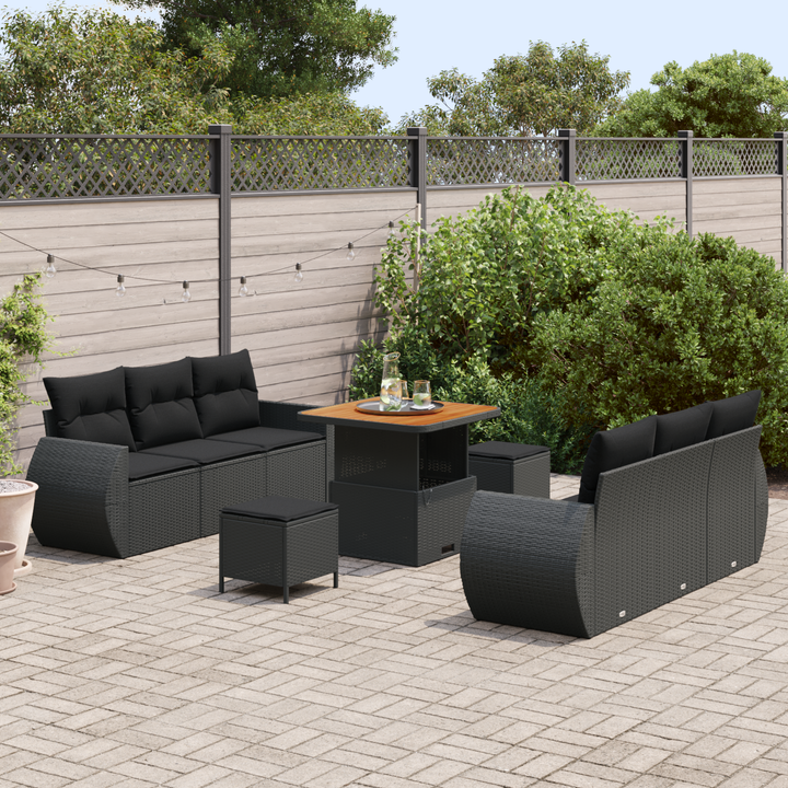 Havesofa Sæt med pude med opbevaring 9 pcs Sort polyrattan