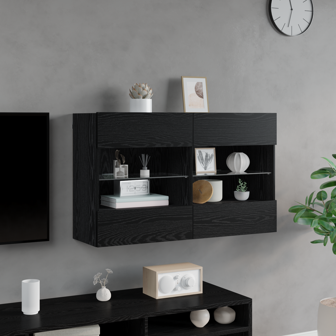 TV vægskab med LED Sort eg 98,5 x 30 x 60,5 cm Konstrueret træ