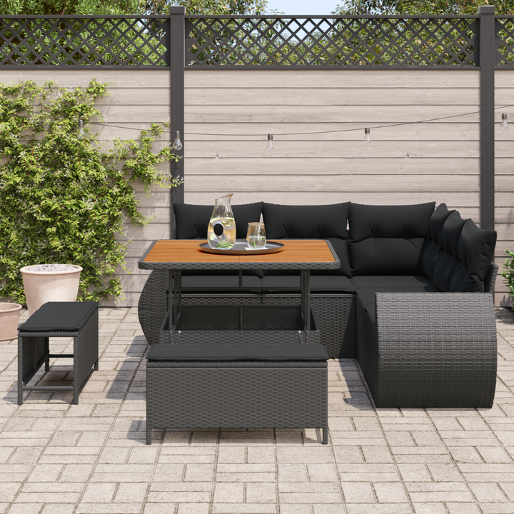 Havesofa Sæt med pude med opbevaring 8 pcs Sort polyrattan