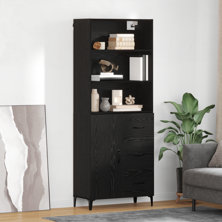 Highboard med skuffe Sort eg 69,5 x 34 x 180 cm Konstrueret træ