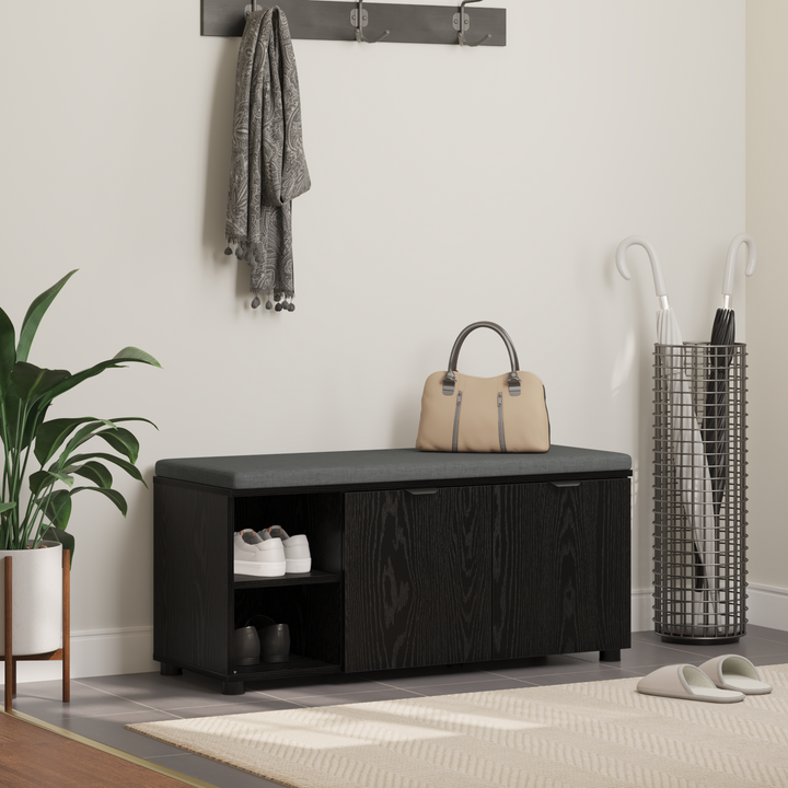 Hallbænk med pude Sort Eg 100 x 38 x 46 cm Kunstigt træ og stof