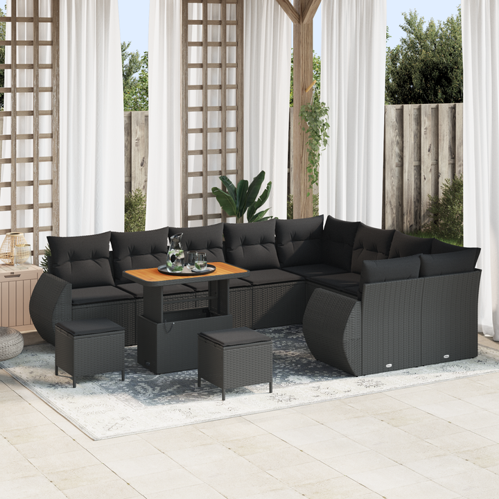 Havesofa Sæt 12 pcs Sort Polyrattan og pulverlakeret stål