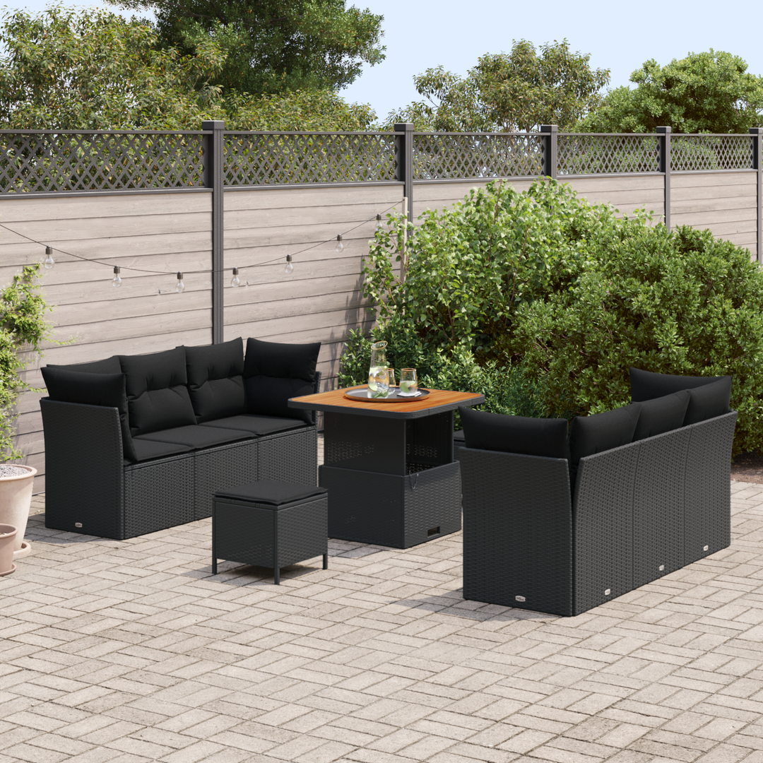 Havesofa Sæt med pude 9 pcs Sort polyrattan