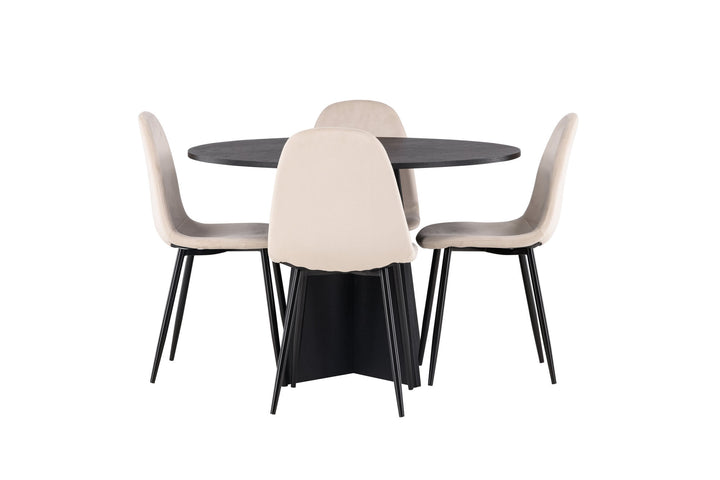 Venture Home Bootcut Round Dining Table - Black / Black Fanéer +Polar Dining Chair - Black legs / Beige Velvet _4