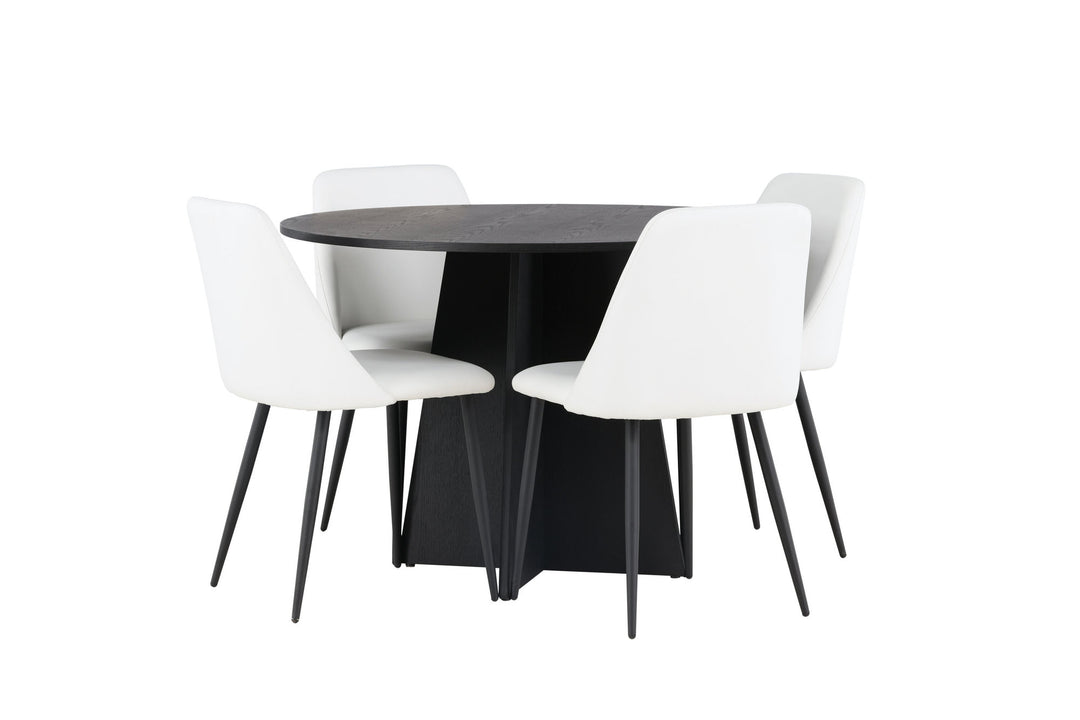 Venture Home Bootcut Round Dining Table - Black / Black Fanéer +Night Dining Chair - Black / White PU _4
