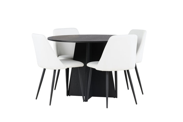 Venture Home Bootcut Round Dining Table - Black / Black Fanéer +Night Dining Chair - Black / White PU _4