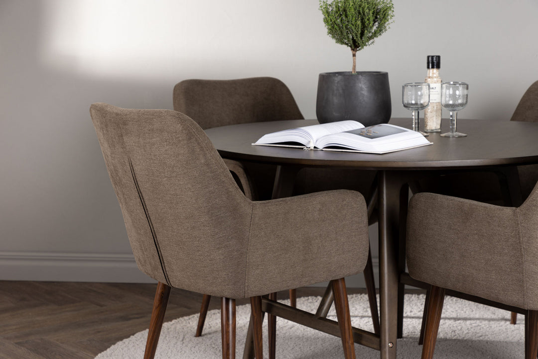 Venture Home Kaseidon Dining Table - Round - Rubberwood / Dark Brown MDF +Tomorrow Dining Chair - Dark walnut / Dark grey/Brown Fabric _4