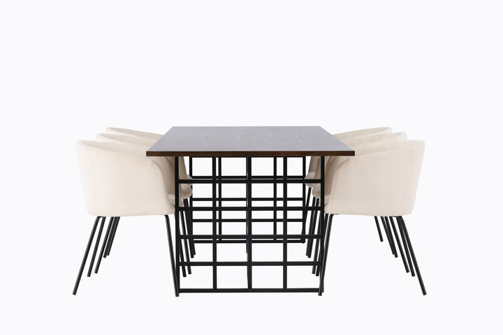 Venture Home Ystad Dining Table - Black / Mocca Oak Veneer +Berit Chair - Black / Beige Velvet _6