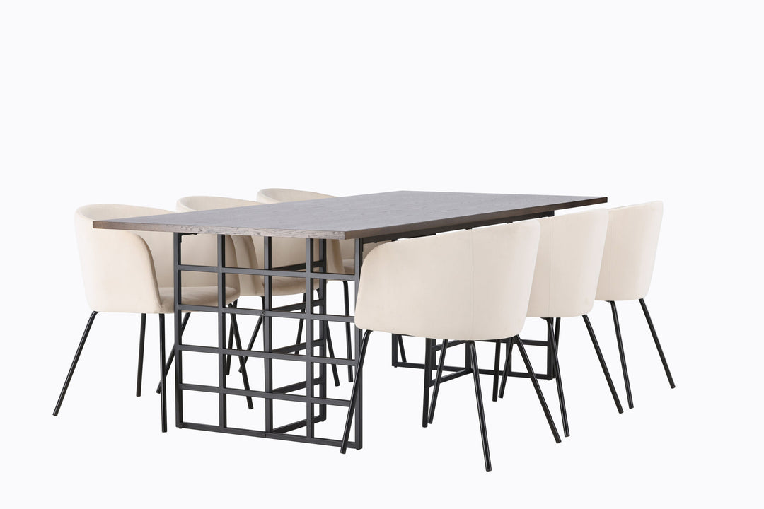 Venture Home Ystad Dining Table - Black / Mocca Oak Veneer +Berit Chair - Black / Beige Velvet _6