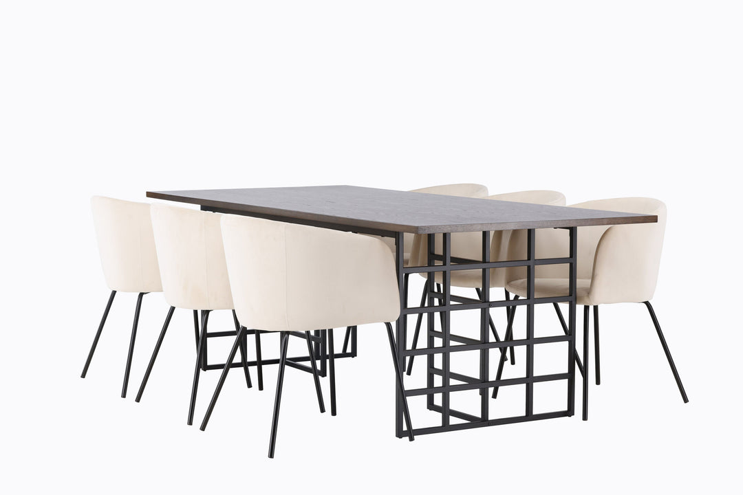 Venture Home Ystad Dining Table - Black / Mocca Oak Veneer +Berit Chair - Black / Beige Velvet _6