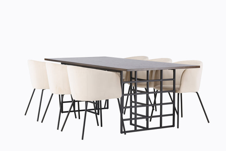 Venture Home Ystad Dining Table - Black / Mocca Oak Veneer +Berit Chair - Black / Beige Velvet _6