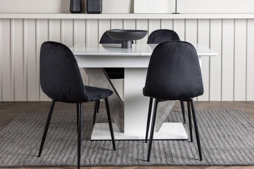 Venture Home Disa Dining Table 120/160*80 - White / Grey MDF +Polar Dining Chair - Black legs / Black Velvet _4