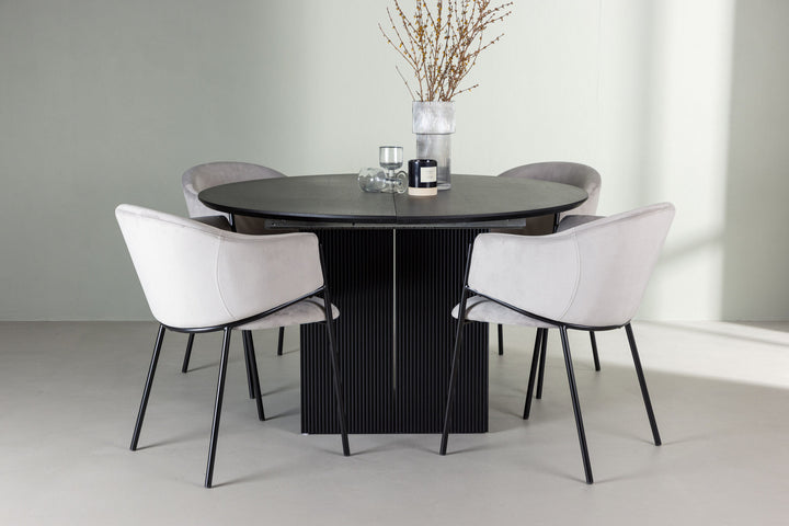 Venture Home Matilda Dining Table φ130 - Black / Black MDF with veneer +Evelina Dining Chair - Black / Light grey Velvet _4