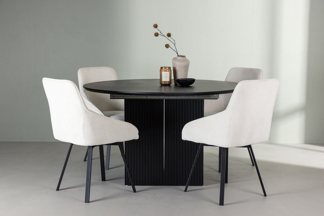 Venture Home Matilda Dining Table φ130 - Black / Black MDF with veneer +Rosie Dining Chair - Black / Beige Fabric _4