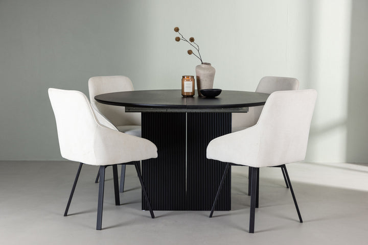 Venture Home Matilda Dining Table φ130 - Black / Black MDF with veneer +Rosie Dining Chair - Black / Beige Fabric _4