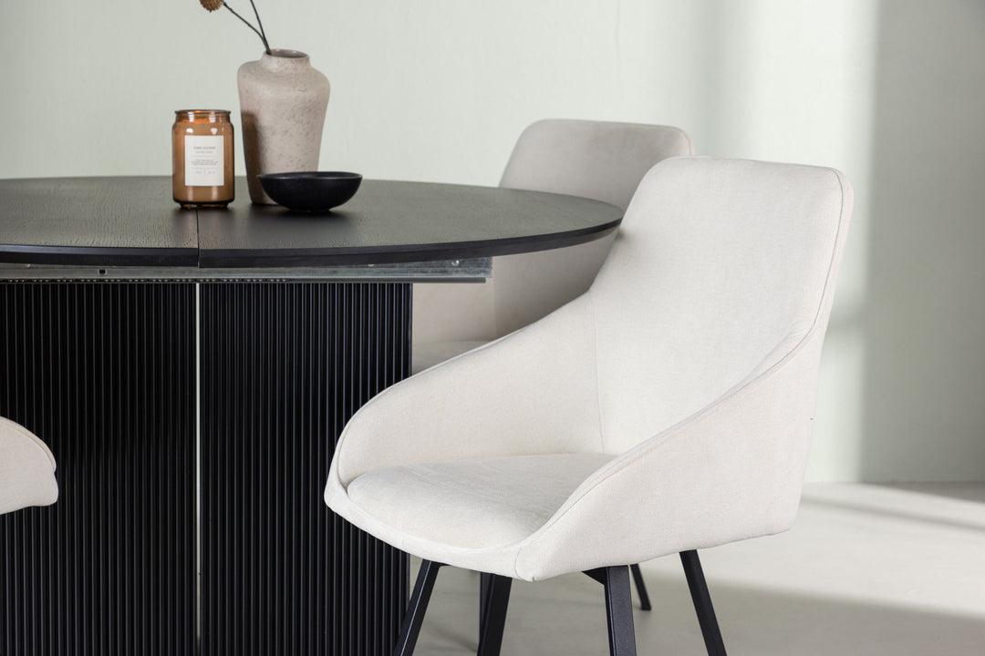 Venture Home Matilda Dining Table φ130 - Black / Black MDF with veneer +Rosie Dining Chair - Black / Beige Fabric _4