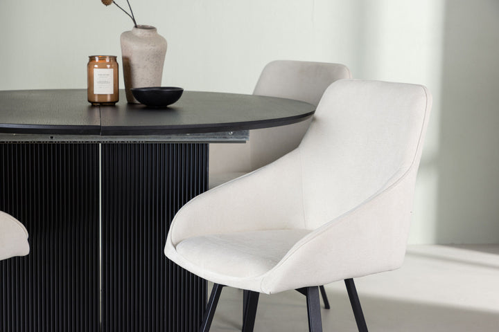 Venture Home Matilda Dining Table φ130 - Black / Black MDF with veneer +Rosie Dining Chair - Black / Beige Fabric _4