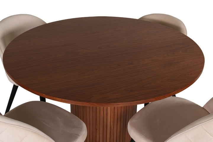 Venture Home Bianca Round Dining Table - Walnut / Black Veneer+Velvet Stitches Chair - Black / Beige Velvet_4