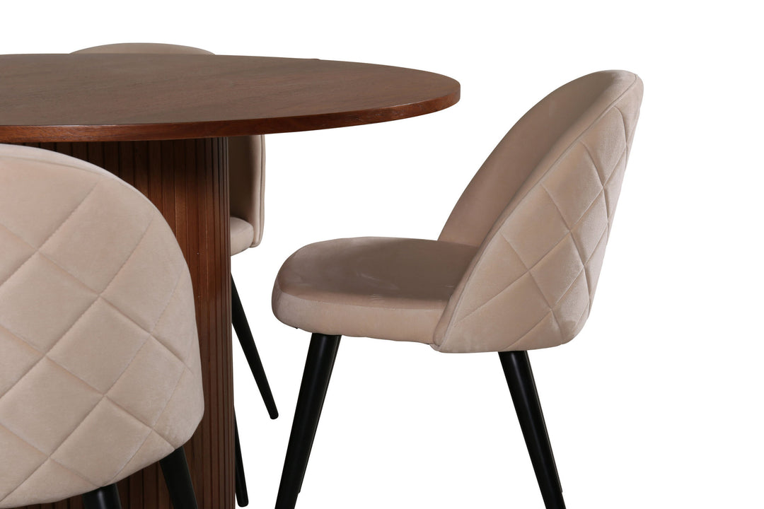 Venture Home Bianca Round Dining Table - Walnut / Black Veneer+Velvet Stitches Chair - Black / Beige Velvet_4