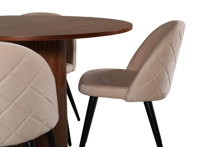 Venture Home Bianca Round Dining Table - Walnut / Black Veneer+Velvet Stitches Chair - Black / Beige Velvet_4