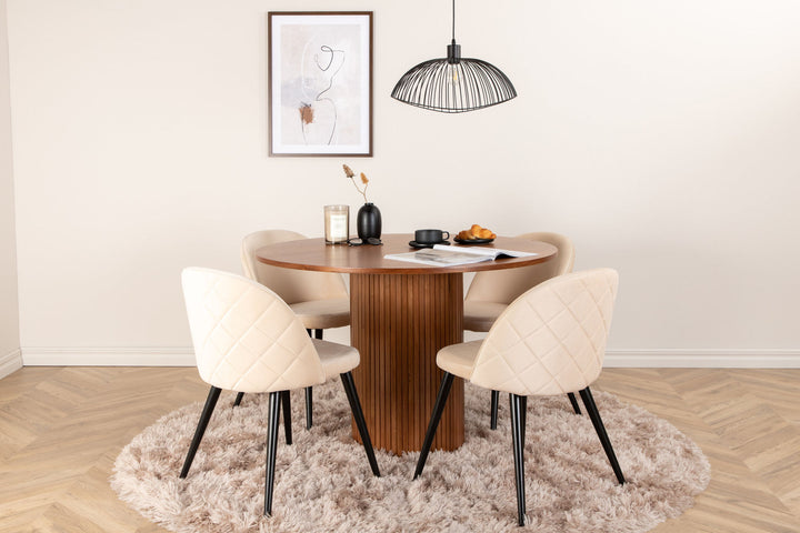 Venture Home Bianca Round Dining Table - Walnut / Black Veneer+Velvet Stitches Chair - Black / Beige Velvet_4
