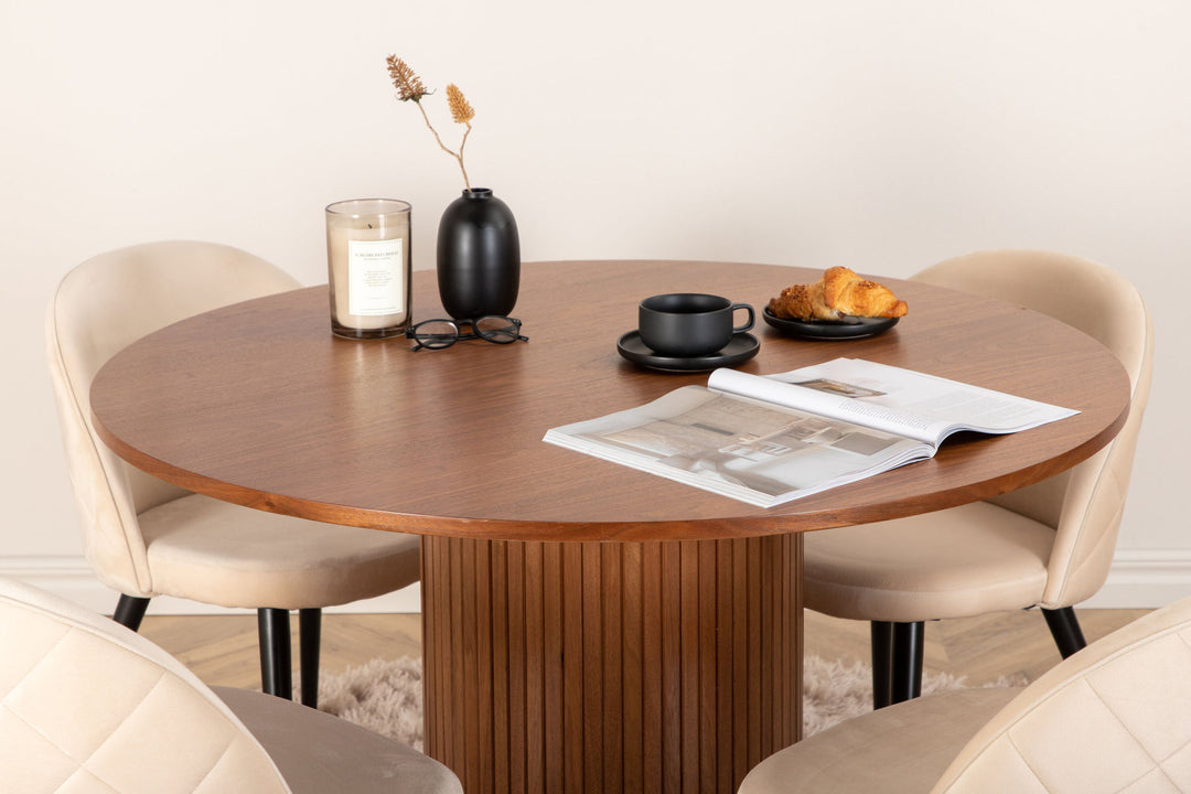 Venture Home Bianca Round Dining Table - Walnut / Black Veneer+Velvet Stitches Chair - Black / Beige Velvet_4