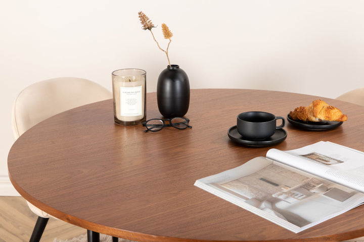 Venture Home Bianca Round Dining Table - Walnut / Black Veneer+Velvet Stitches Chair - Black / Beige Velvet_4