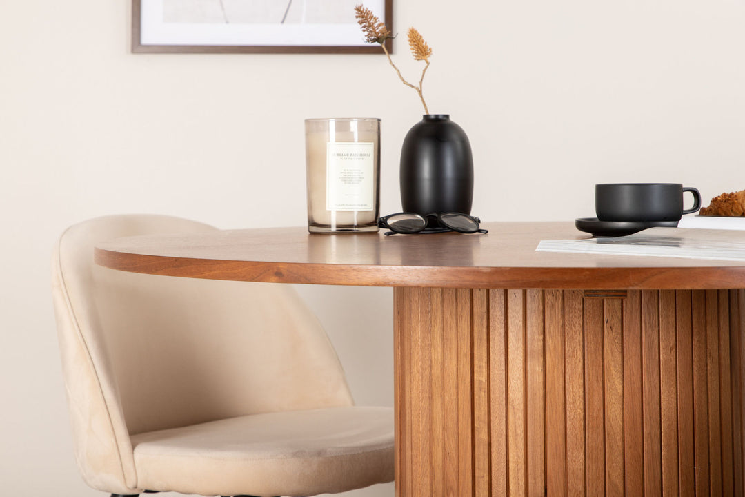 Venture Home Bianca Round Dining Table - Walnut / Black Veneer+Velvet Stitches Chair - Black / Beige Velvet_4