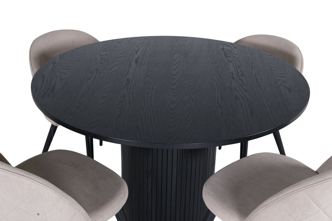Venture Home Bianca Round Dining Table - Black / Black Veneer+Velvet Stitches Chair - Black / Beige Fabric (Polyester linen )_4