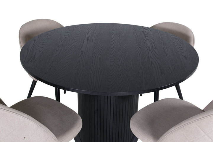 Venture Home Bianca Round Dining Table - Black / Black Veneer+Velvet Stitches Chair - Black / Beige Fabric (Polyester linen )_4