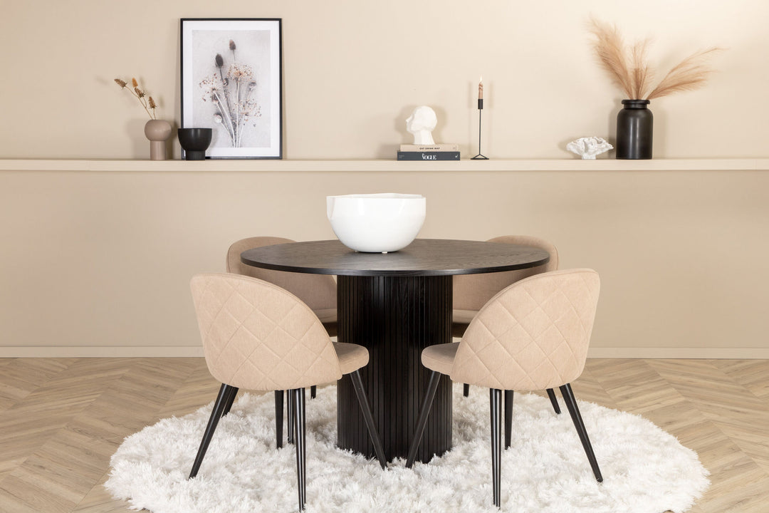 Venture Home Bianca Round Dining Table - Black / Black Veneer+Velvet Stitches Chair - Black / Beige Fabric (Polyester linen )_4