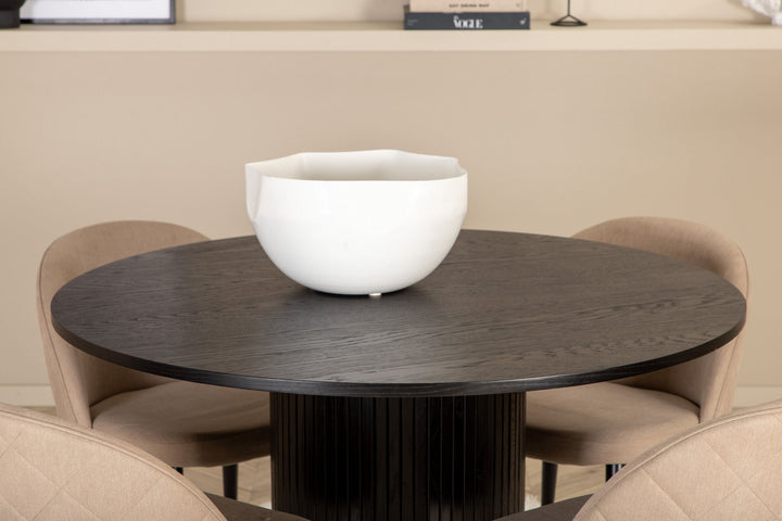 Venture Home Bianca Round Dining Table - Black / Black Veneer+Velvet Stitches Chair - Black / Beige Fabric (Polyester linen )_4