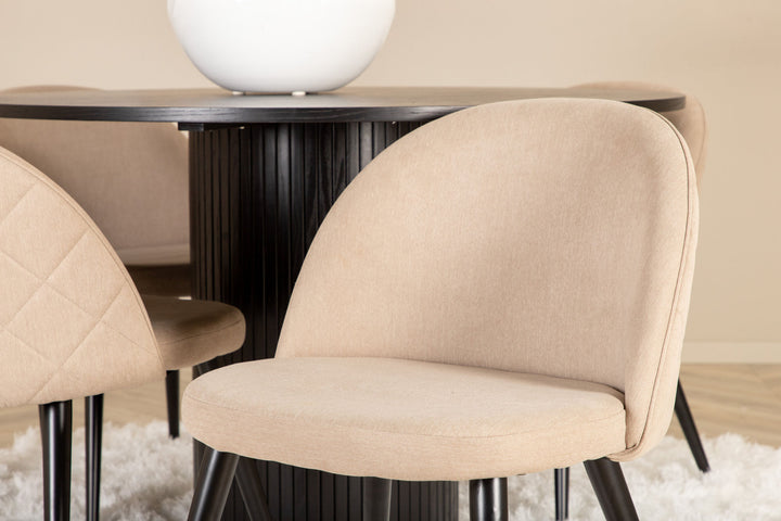 Venture Home Bianca Round Dining Table - Black / Black Veneer+Velvet Stitches Chair - Black / Beige Fabric (Polyester linen )_4