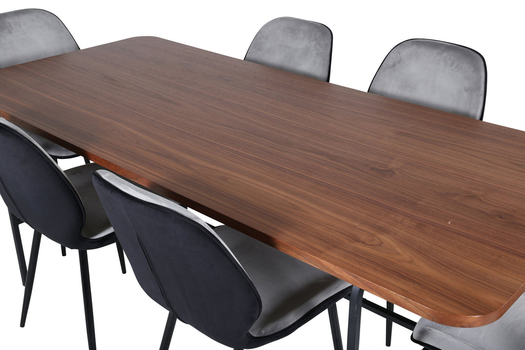 Venture Home Uno Dining Table - Black / Walnut Veneer+Emma Chair - Black / Black and Light Grey Black Velvet in Back Grey Velvet in front_6