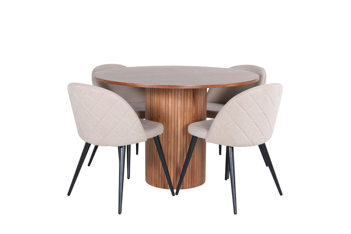 Venture Home Bianca Round Dining Table - Walnut / Black Veneer+Velvet Stitches Chair - Black / Beige Fabric (Polyester linen )_4