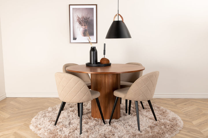 Venture Home Bianca Round Dining Table - Walnut / Black Veneer+Velvet Stitches Chair - Black / Beige Fabric (Polyester linen )_4
