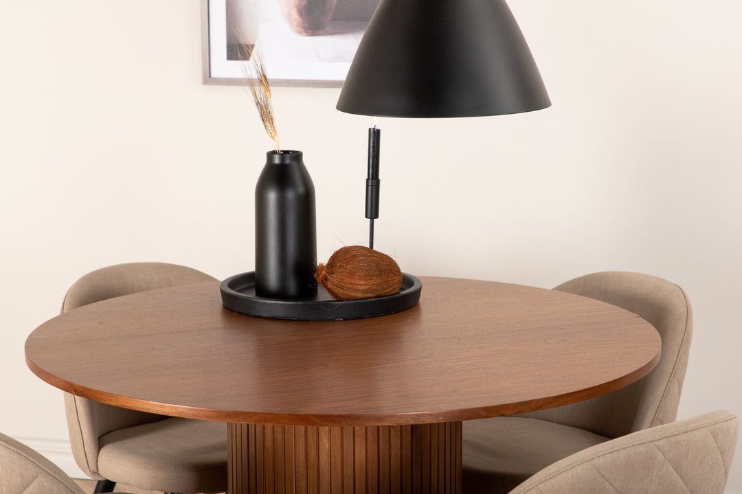 Venture Home Bianca Round Dining Table - Walnut / Black Veneer+Velvet Stitches Chair - Black / Beige Fabric (Polyester linen )_4