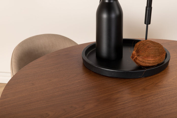 Venture Home Bianca Round Dining Table - Walnut / Black Veneer+Velvet Stitches Chair - Black / Beige Fabric (Polyester linen )_4