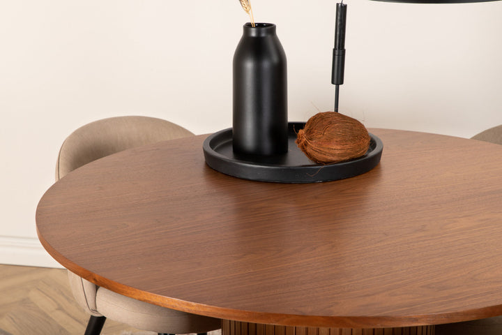 Venture Home Bianca Round Dining Table - Walnut / Black Veneer+Velvet Stitches Chair - Black / Beige Fabric (Polyester linen )_4
