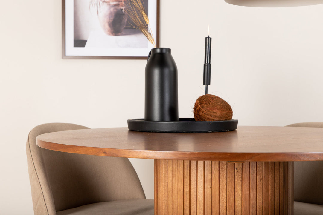 Venture Home Bianca Round Dining Table - Walnut / Black Veneer+Velvet Stitches Chair - Black / Beige Fabric (Polyester linen )_4