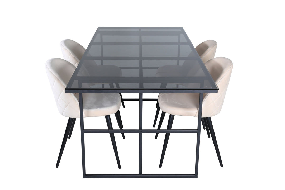 Venture Home Leif Dining Table - Black / Black smoked smoked Glass+Velvet Stitches Chair - Black / Beige Velvet_4
