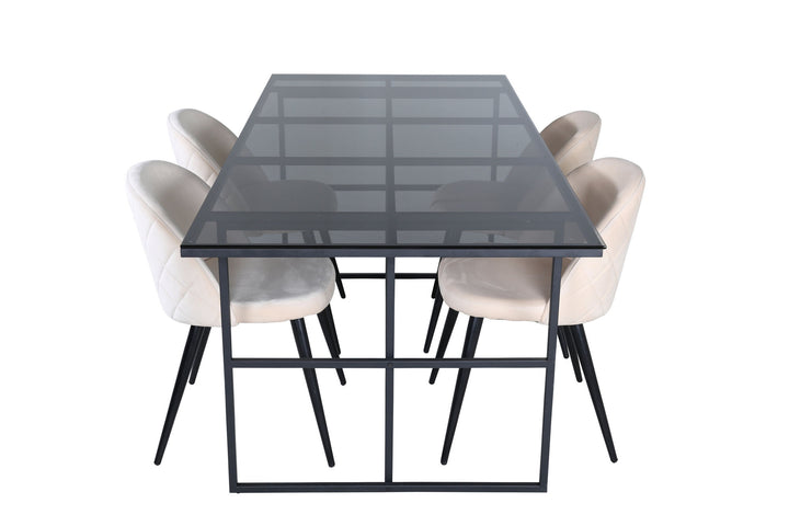Venture Home Leif Dining Table - Black / Black smoked smoked Glass+Velvet Stitches Chair - Black / Beige Velvet_4
