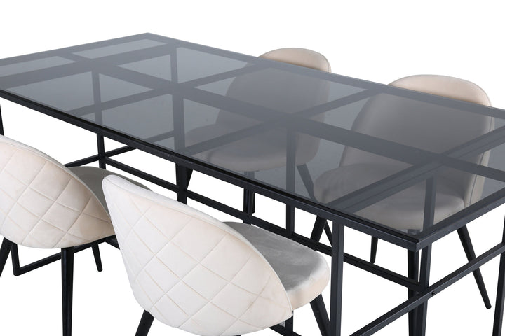 Venture Home Leif Dining Table - Black / Black smoked smoked Glass+Velvet Stitches Chair - Black / Beige Velvet_4